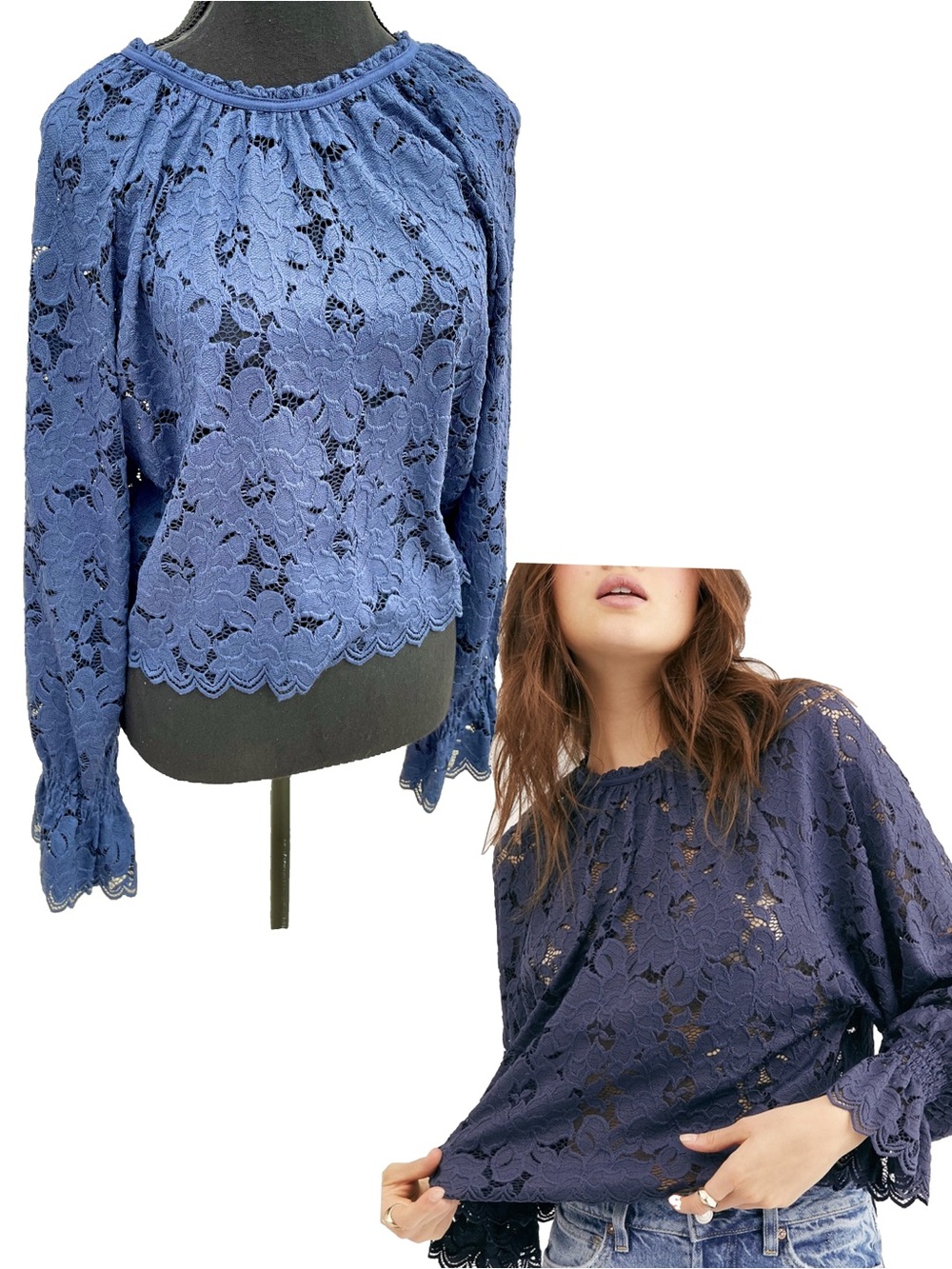 Free People Olivia Sheer Lace Fairy Top with Balloon-Sleeve Blue XS